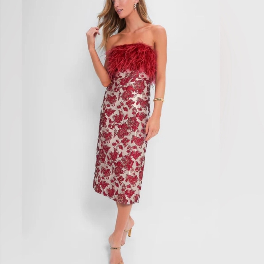 Strapless Red Feather-Trim Midi Dress